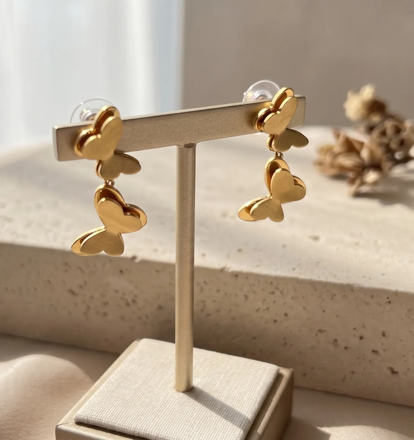 Golden Tiered Butterfly Dangle Earrings